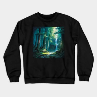 Little Green and Blue Forest Scene with a Waterfall Crewneck Sweatshirt